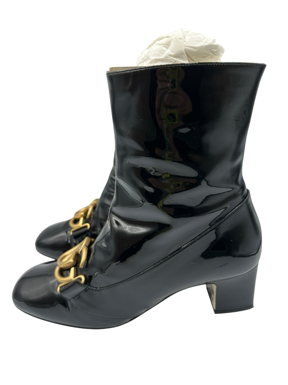 Gucci Black Patent Mid-Calf Boots with Gold Double G - Picture 7 of 13